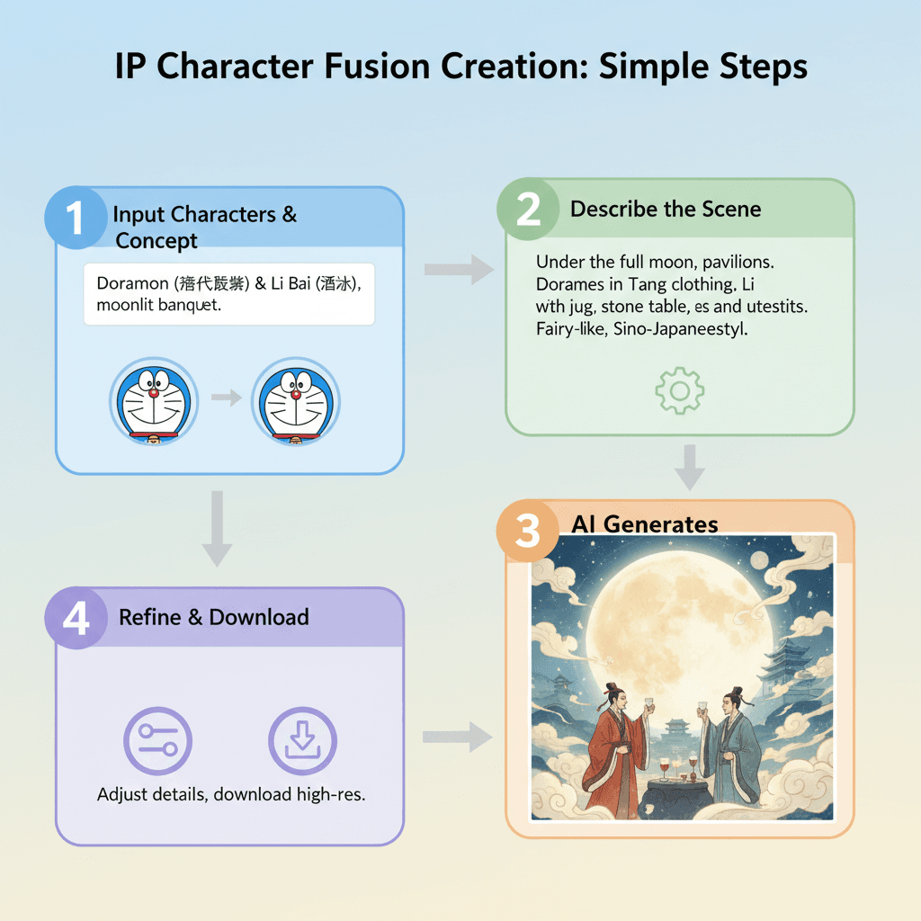 Usage steps for IP Character Fusion using the AI tool Nano Banana Pro, showcasing easy character creation guidance.