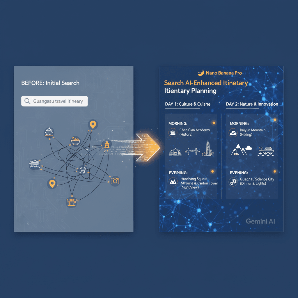 Infographic by Nano Banana Pro on Search-Enhanced Itinerary Planning, showcasing AI generation for optimized travel planning.
