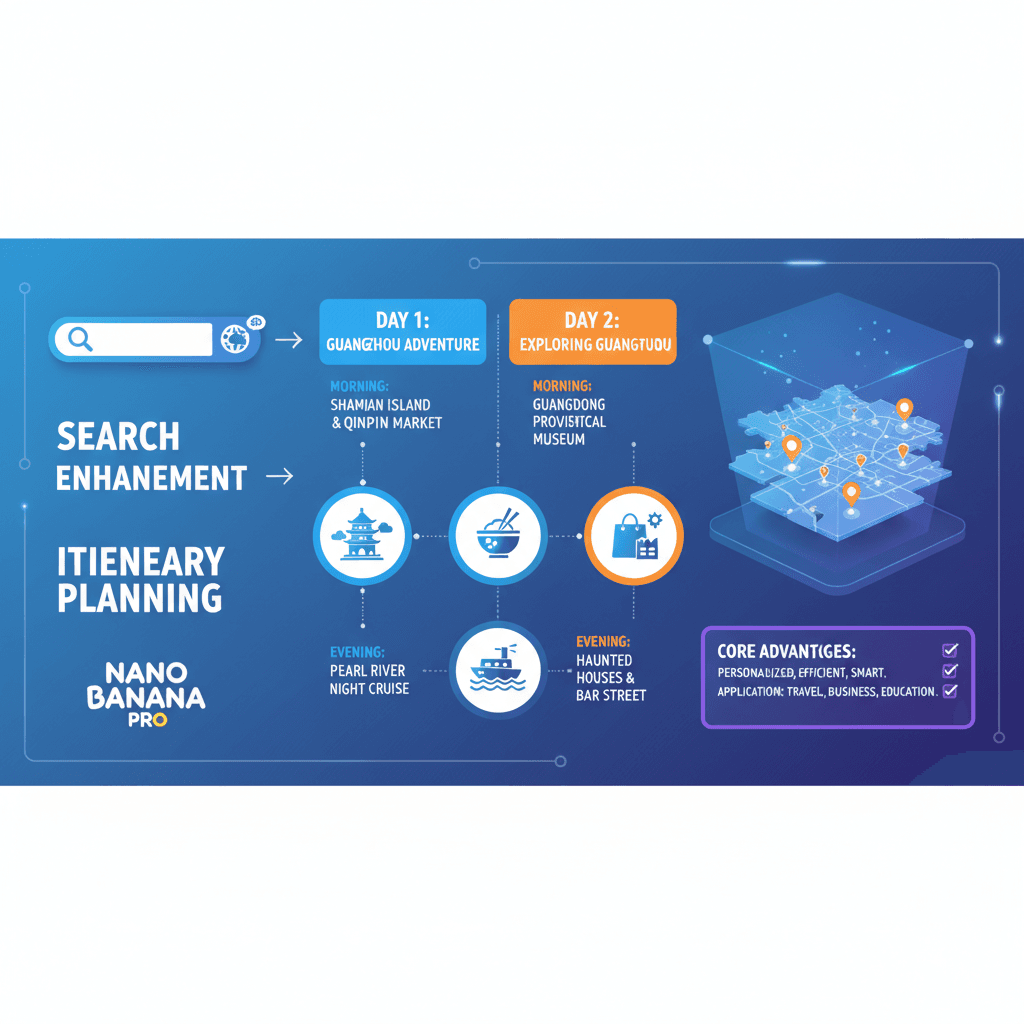 Infographic illustrating AI-powered Search-Enhanced Itinerary Planning using Nano Banana Pro, showcasing efficient travel planning.