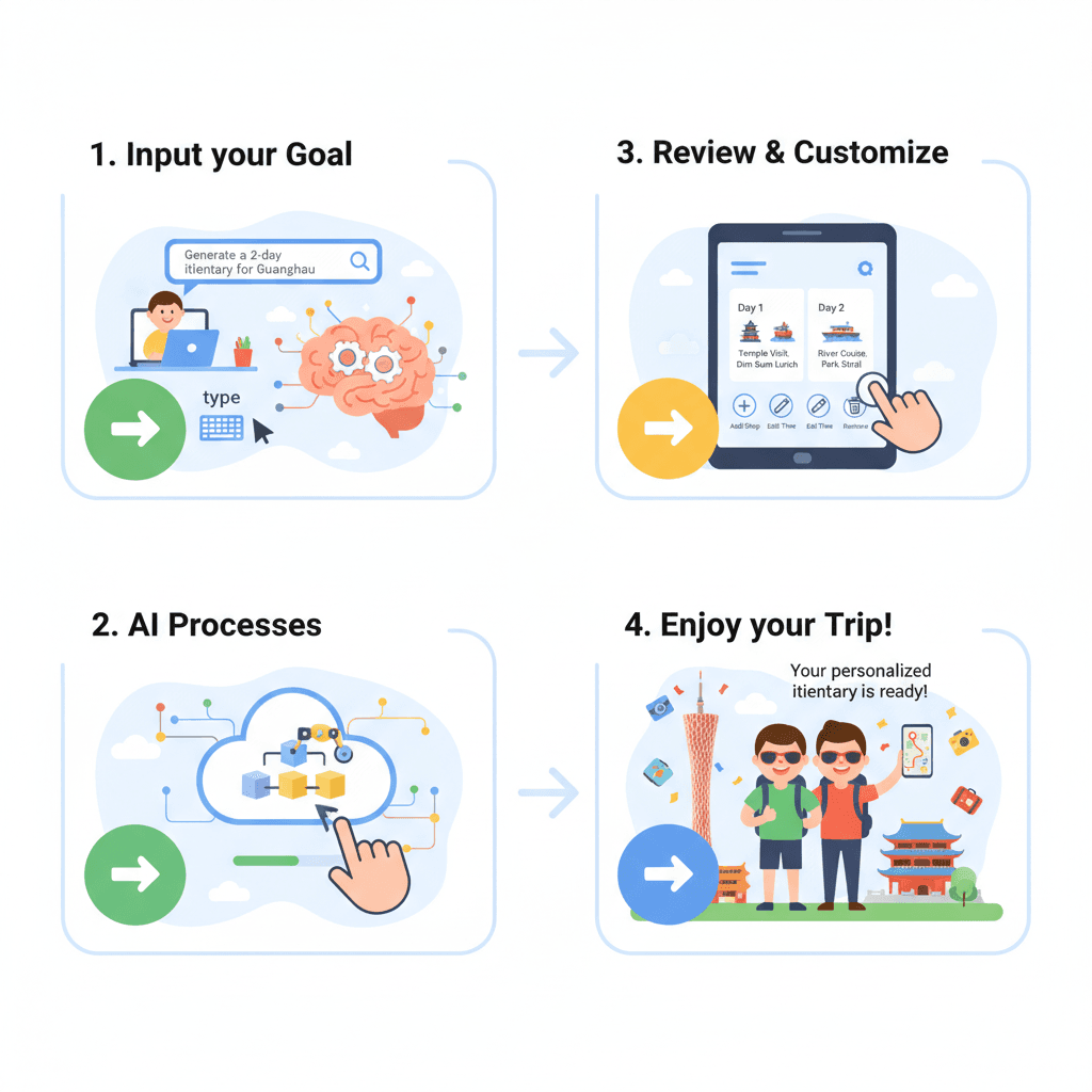 Infographic showcasing usage steps for Search-Enhanced Itinerary Planning with an AI tool, emphasizing ease of use and process guidance.