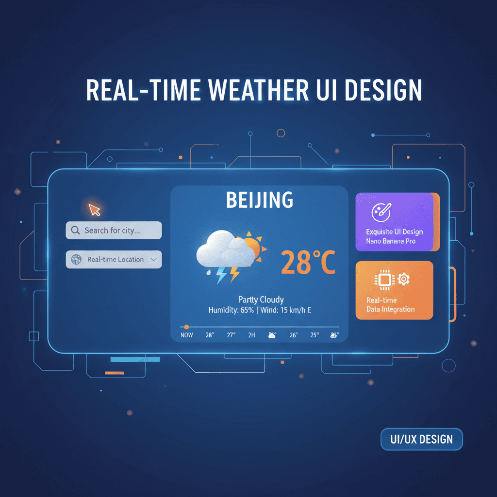 Artistic illustration of a real-time weather UI design using Nano Banana Pro AI, showcasing intuitive user experience in UI design.
