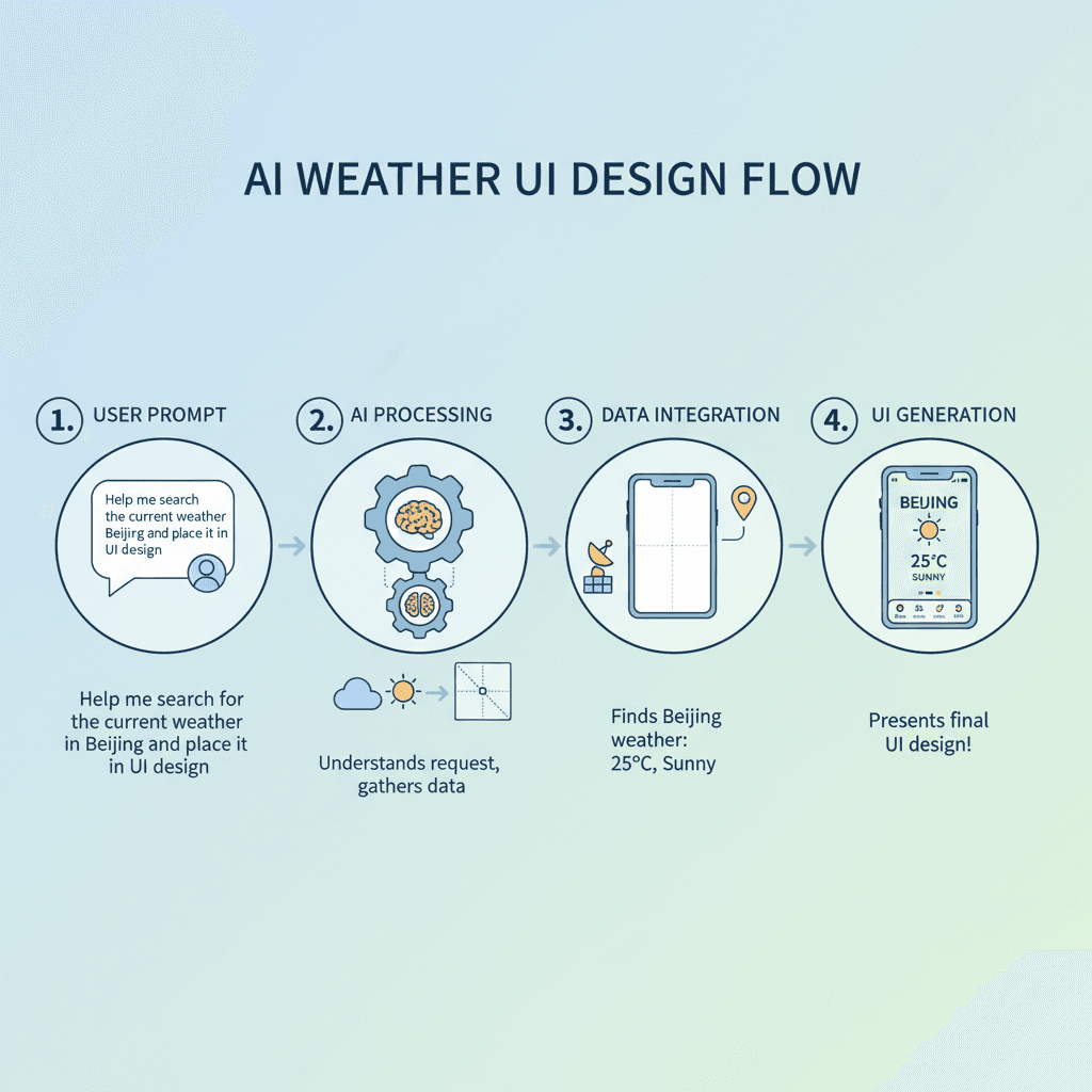 Usage steps for Real-time Weather UI Design using AI tool Nano Banana Pro, showcasing ease of use and process guidance.