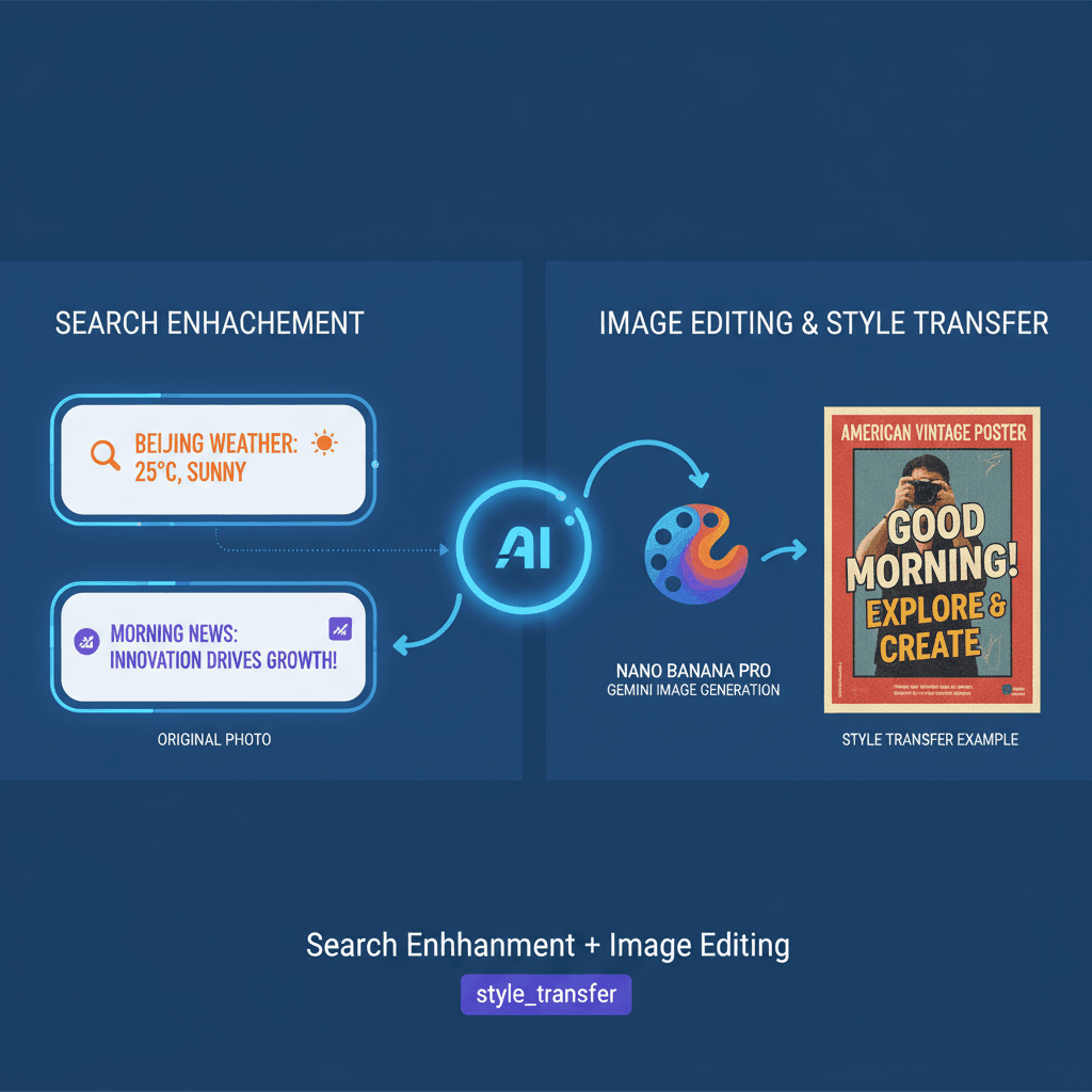 Artistic illustration showcasing style transfer using AI with Nano Banana Pro for enhanced image editing and search capabilities.
