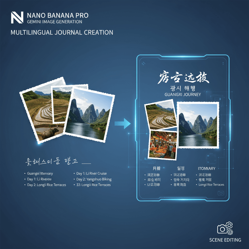 Stunning scene editing example with Nano Banana Pro, showcasing AI generation for the Multi-language Travel Journal app.