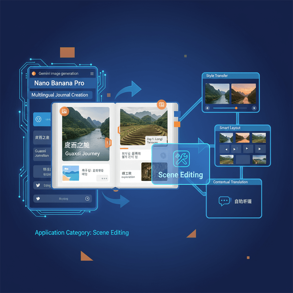 Artistic illustration of a Multi-language Travel Journal, showcasing scene editing with AI using Nano Banana Pro for enhanced travel experiences.