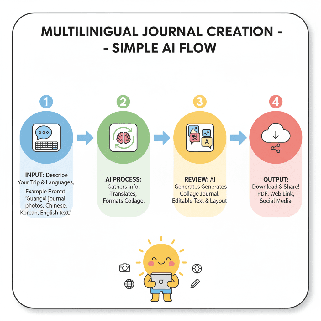 Usage steps for the Multi-language Travel Journal, showcasing an AI tool for easy scene editing with Nano Banana Pro.