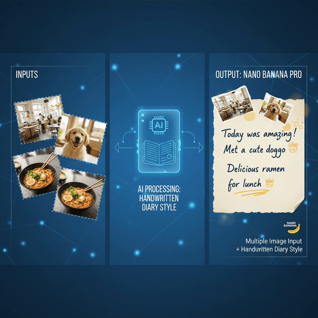 Stunning scene editing with Nano Banana Pro, showcasing Multi-image Handwritten Diary through advanced AI generation.