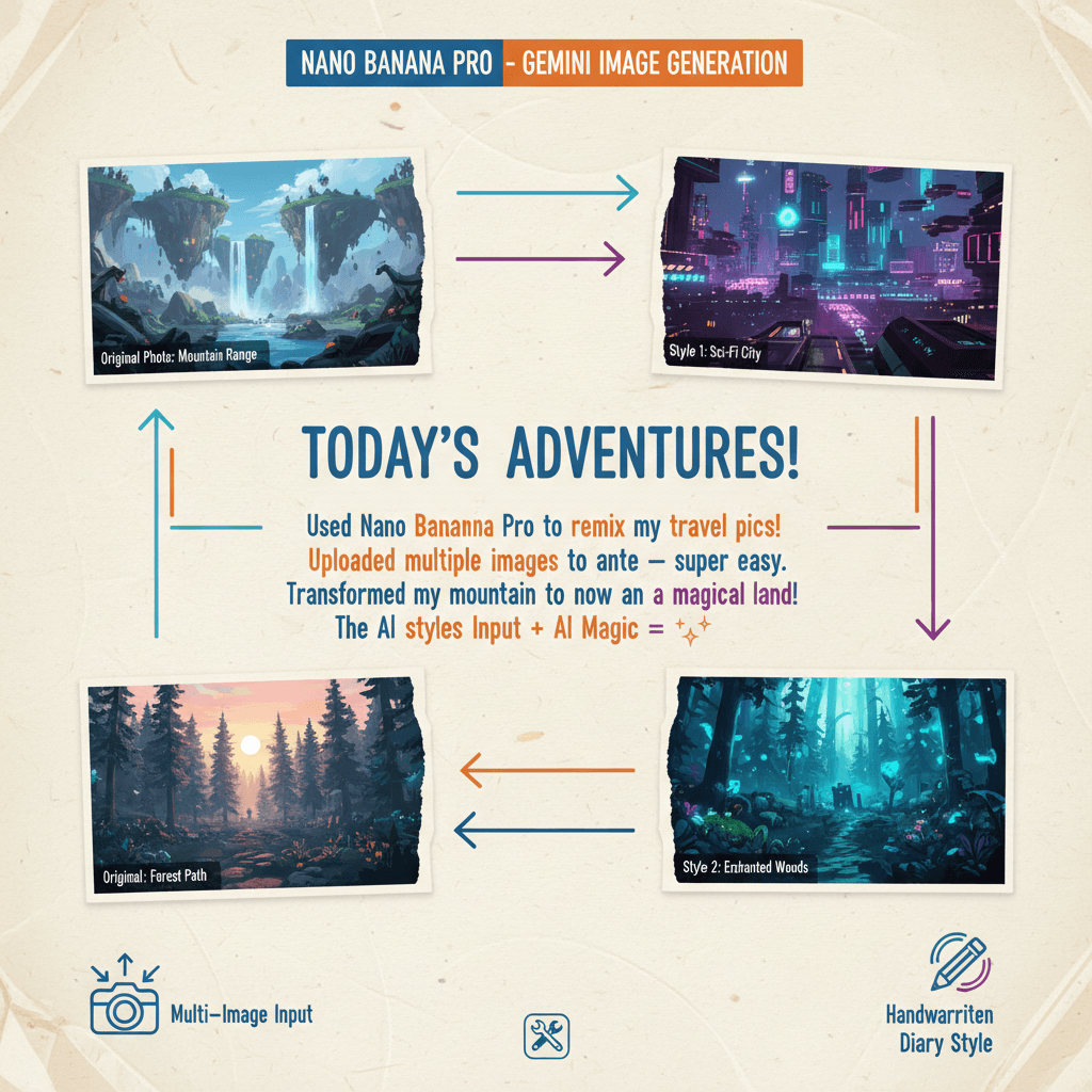Artistic illustration of a Multi-image Handwritten Diary, showcasing scene editing with AI using Nano Banana Pro.