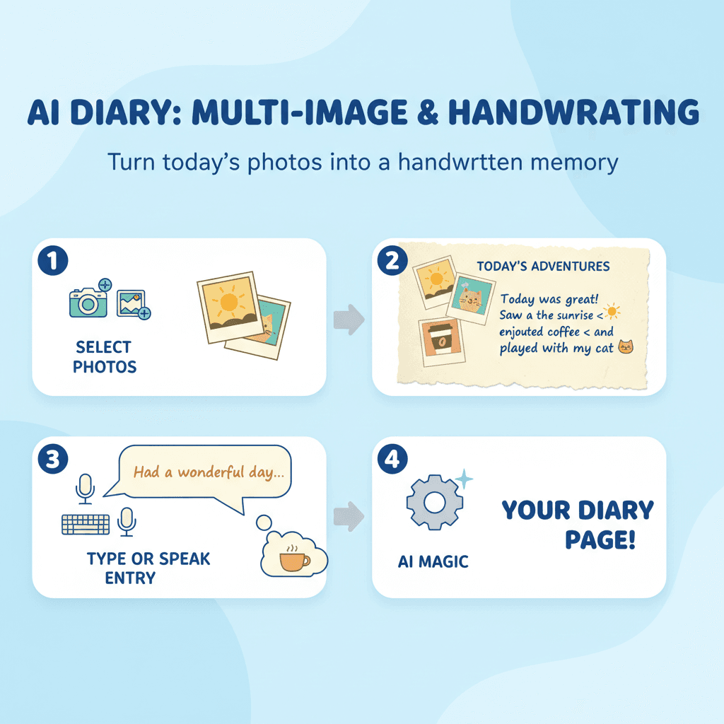 Usage steps for an AI tool: Multi-image Handwritten Diary, showcasing easy scene editing with Nano Banana Pro.