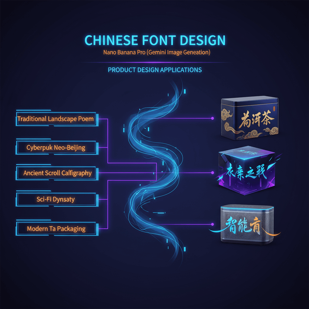 Artistic illustration of Chinese Font Design, showcasing product design created with Nano Banana Pro AI for innovative typography solutions.
