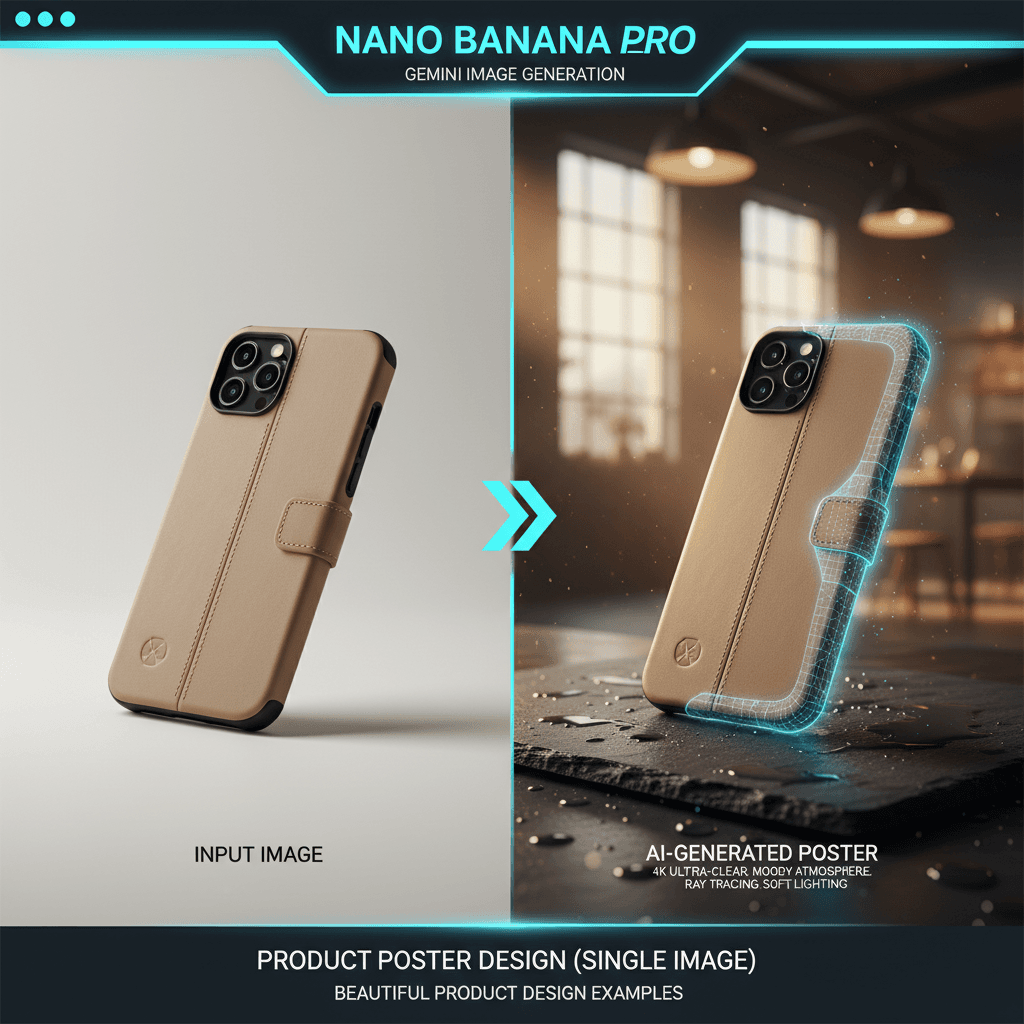 Stunning product poster design example created with Nano Banana Pro, showcasing AI generation and single design functionality.