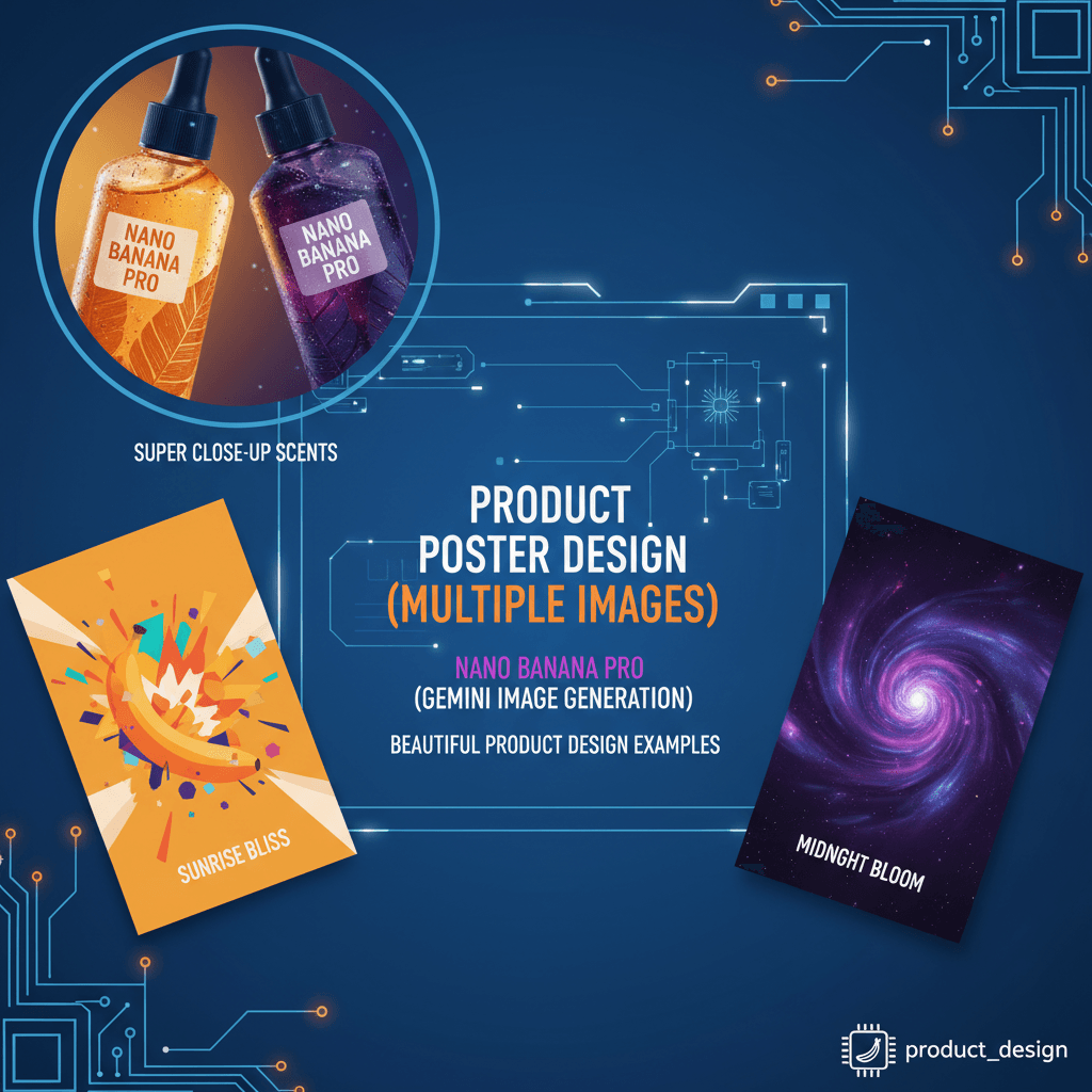 Artistic product poster design showcasing multi-product concepts, created with Nano Banana Pro AI for product design applications.