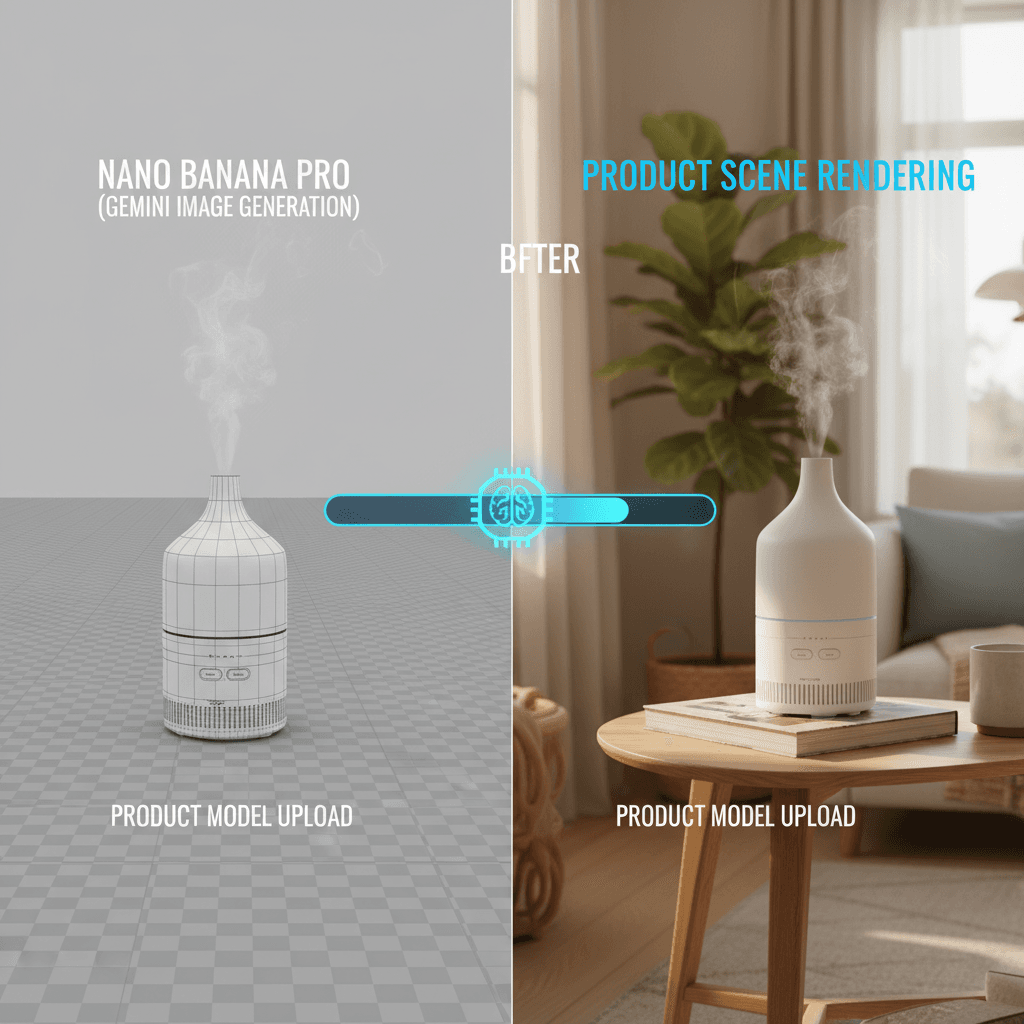 Stunning product design created with Nano Banana Pro, showcasing AI generation and core functionality of Product Scene Rendering.