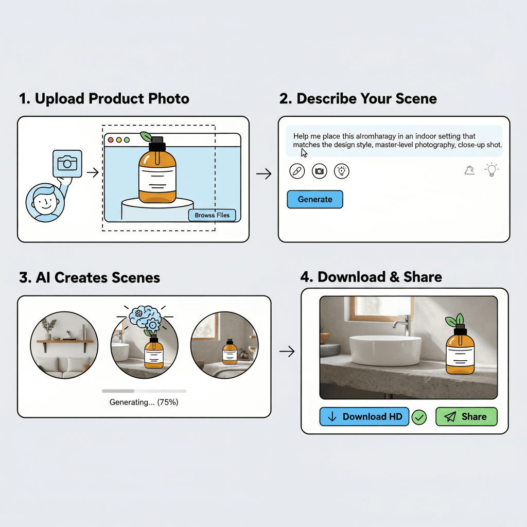 Usage steps for product scene rendering with Nano Banana Pro, an AI tool that simplifies stunning design creation.