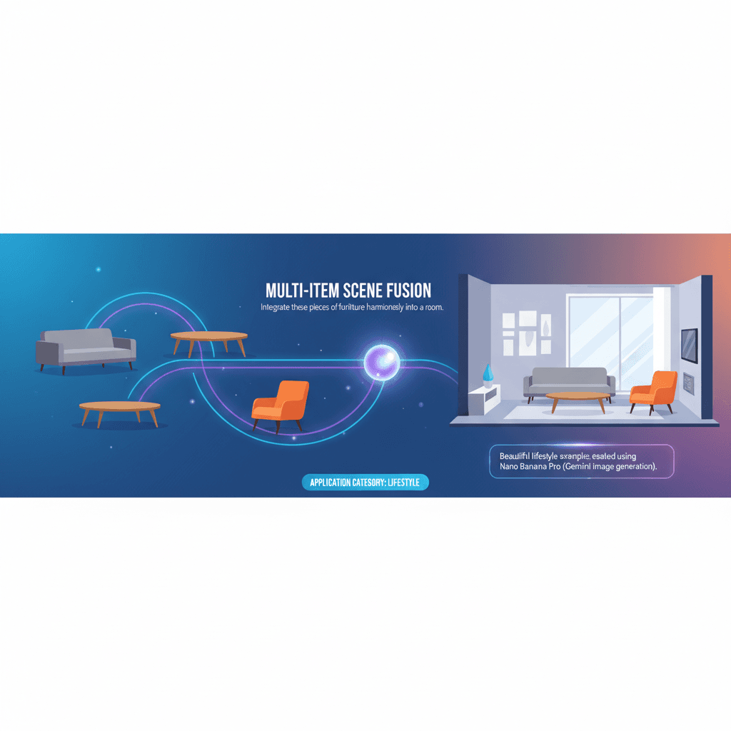Artistic lifestyle illustration showcasing Multi-item Scene Fusion created with Nano Banana Pro AI for vibrant, engaging scenes.