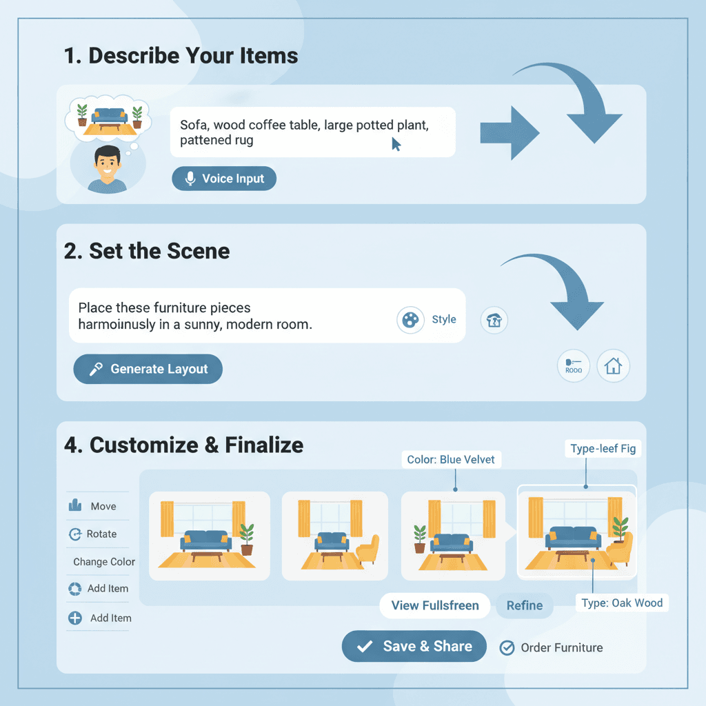 Usage steps for Multi-item Scene Fusion with Nano Banana Pro AI tool, showcasing ease of use in creating stunning lifestyle images.