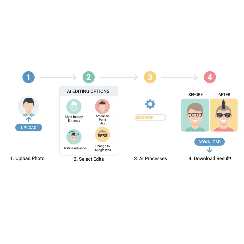 Usage steps for Portrait Fine Editing & Beauty with Nano Banana Pro AI tool, showcasing easy image enhancement.