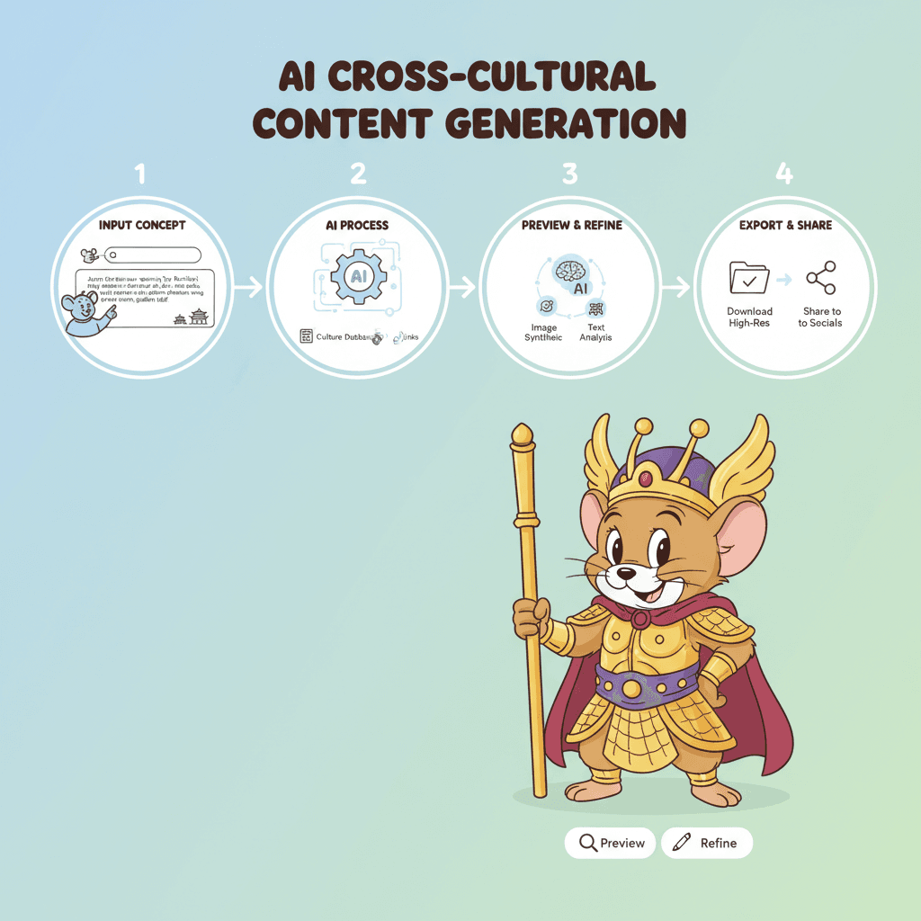 "Workflow diagram illustrating usage steps for creating IP characters with AI tool Nano Banana Pro, showcasing cross-cultural fusion."