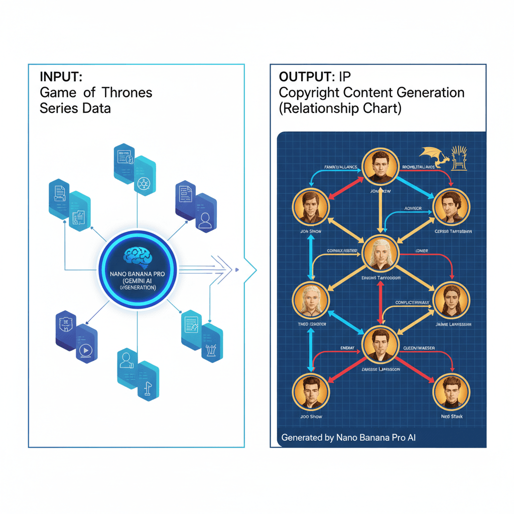 Infographic of an IP Relationship Diagram created with Nano Banana Pro, showcasing AI generation capabilities.