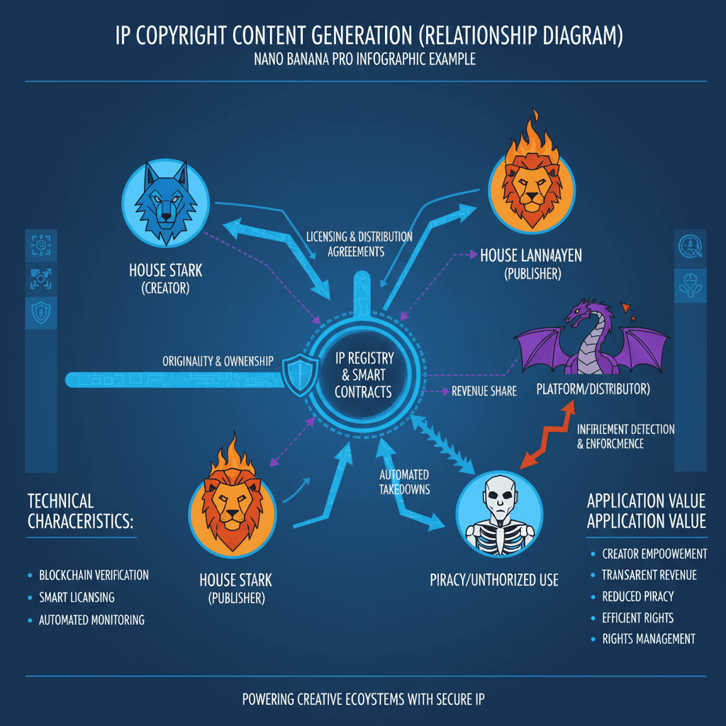 Artistic infographic of an IP Relationship Diagram, created with Nano Banana Pro AI, showcasing complex data connections clearly.