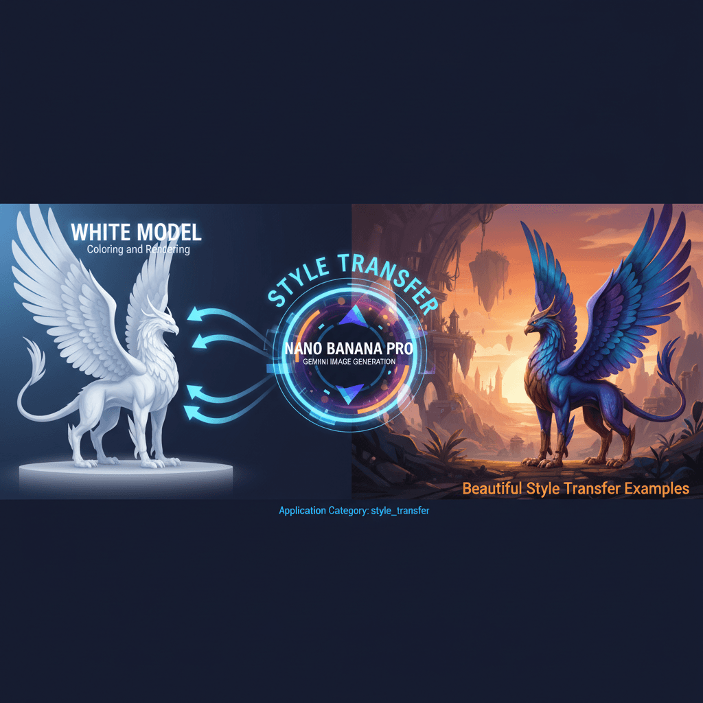 Artistic illustration showcasing "White Model Colorization" using Nano Banana Pro for AI style transfer, demonstrating vibrant color application.