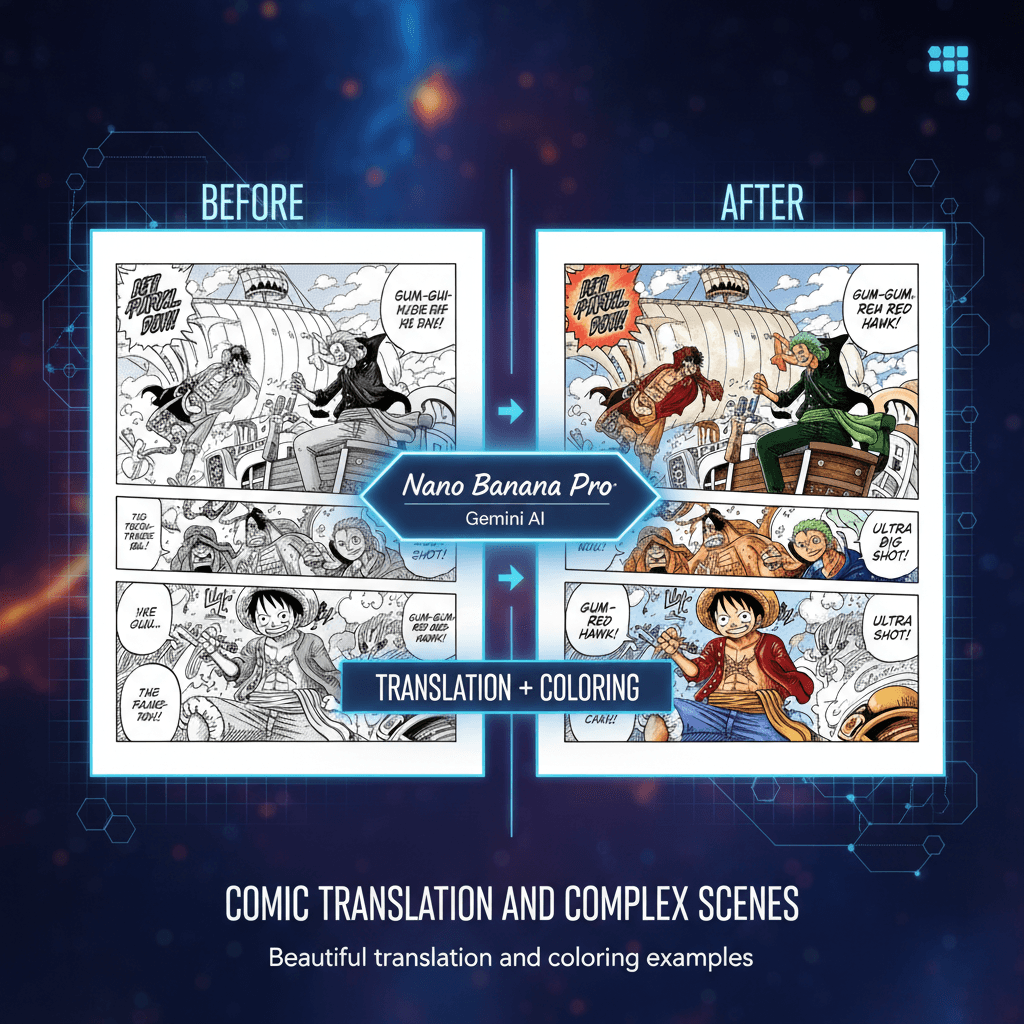Stunning manga translation and colorization example using Nano Banana Pro for AI generation, showcasing Complex Manga Translation.