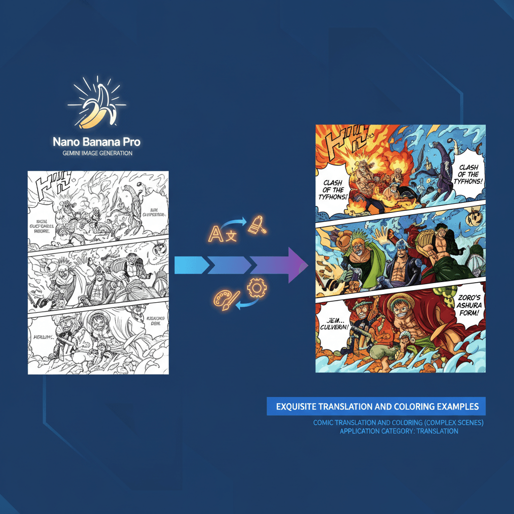 Artistic illustration showcasing "Complex Manga Translation" using Nano Banana Pro AI for stunning translation and colorization.