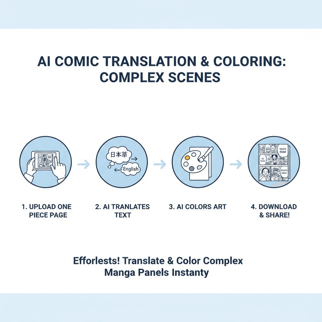 Usage steps for Complex Manga Translation using Nano Banana Pro, an AI tool for easy translation and colorization.