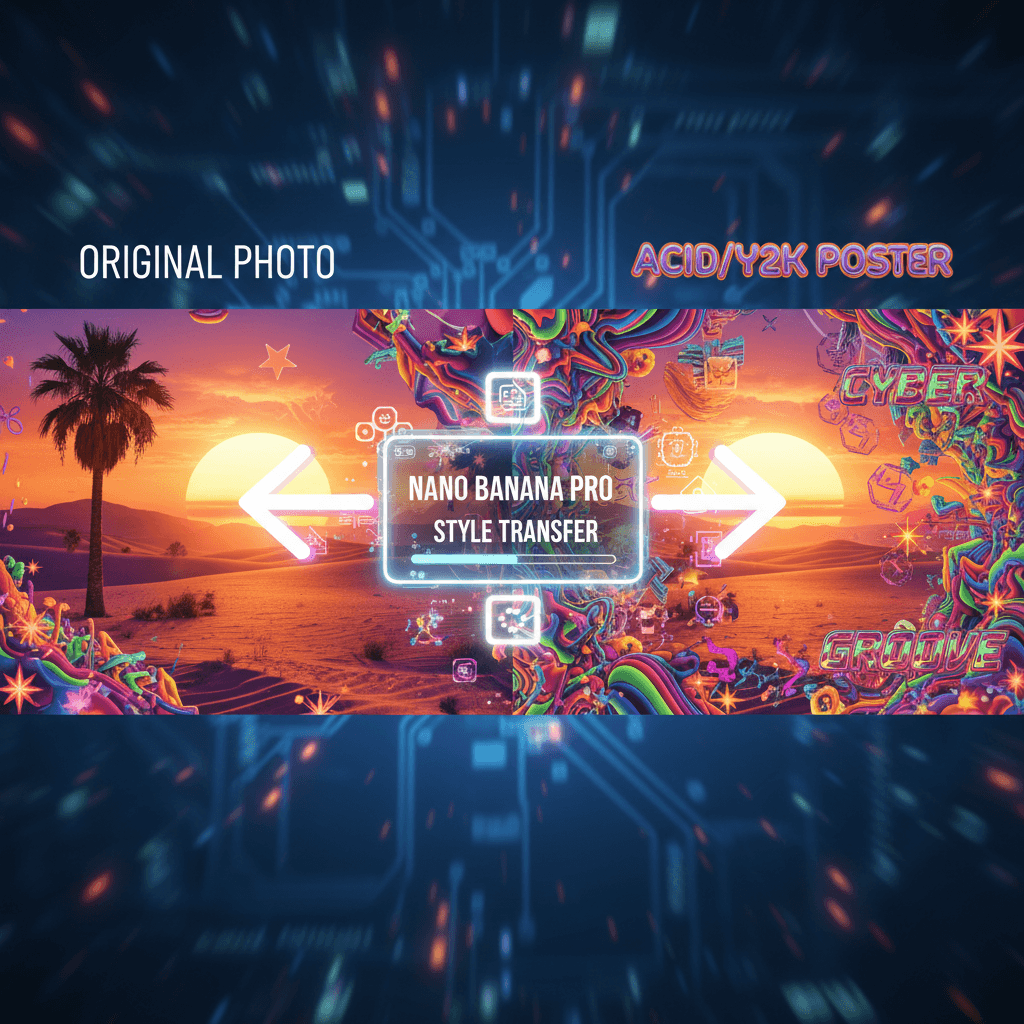 Stunning Y2K Acid Design Poster created with Nano Banana Pro, showcasing AI generation and style transfer capabilities.