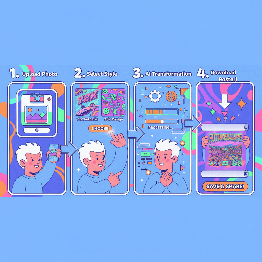 Usage steps for creating a Y2K Acid Design Poster with the AI tool Nano Banana Pro, showcasing effortless style transfer.