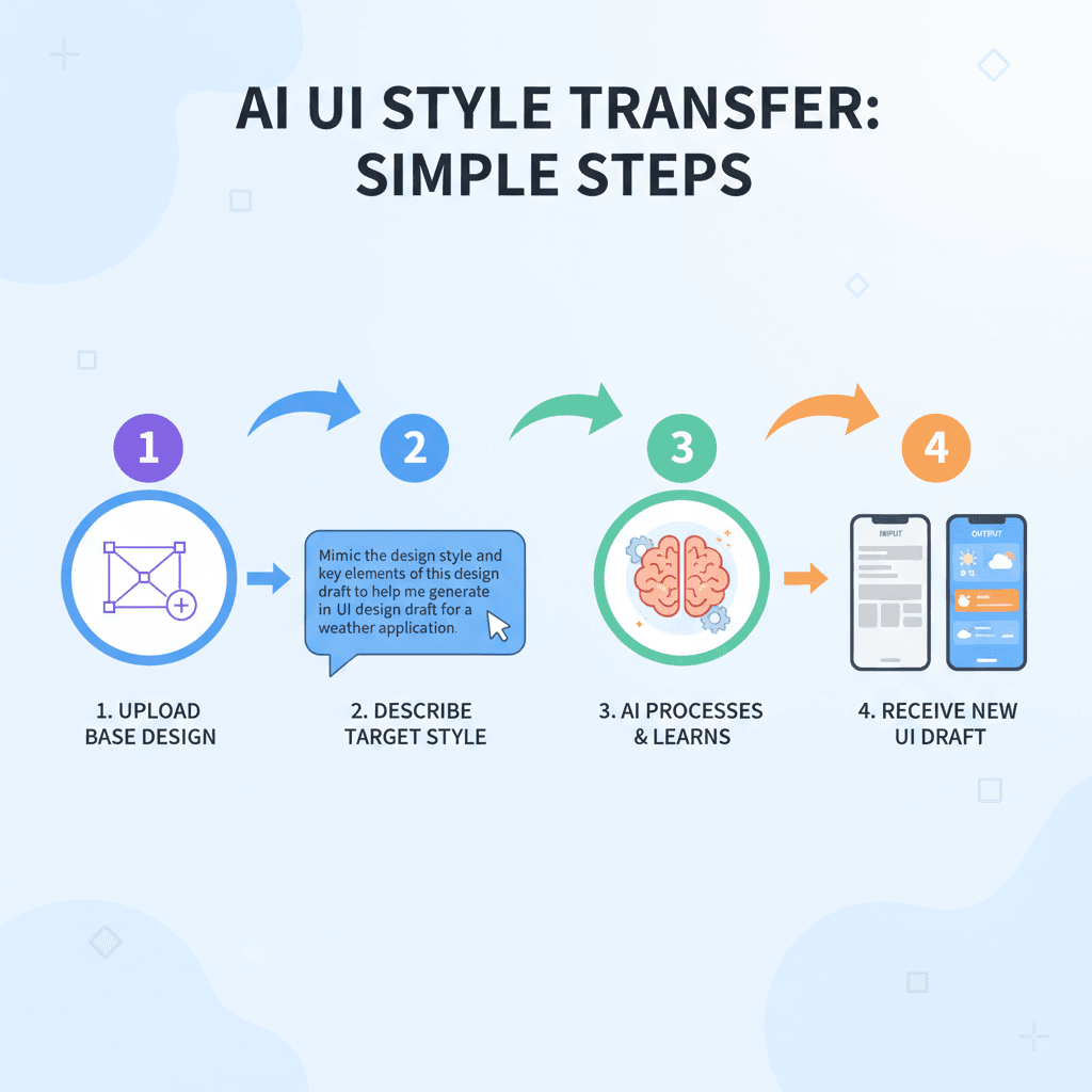 "Workflow diagram illustrating usage steps for UI Design Style Transfer using the AI tool Nano Banana Pro for easy design creation."