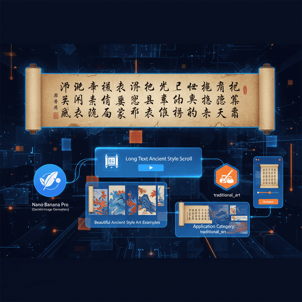 Artistic illustration of a Long Text Traditional Scroll, showcasing traditional art created with Nano Banana Pro AI.