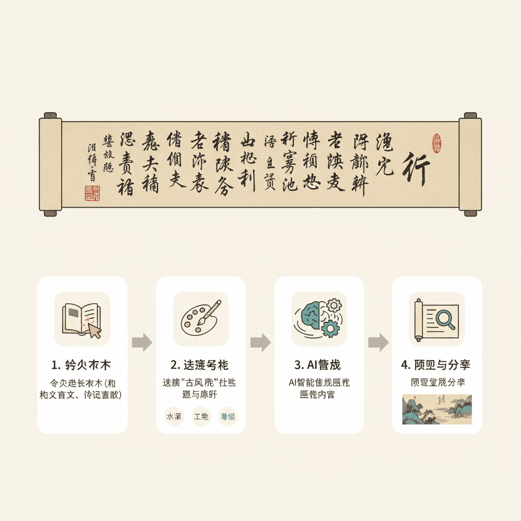 Usage steps for creating stunning art with Nano Banana Pro AI tool in the Long Text Traditional Scroll category.