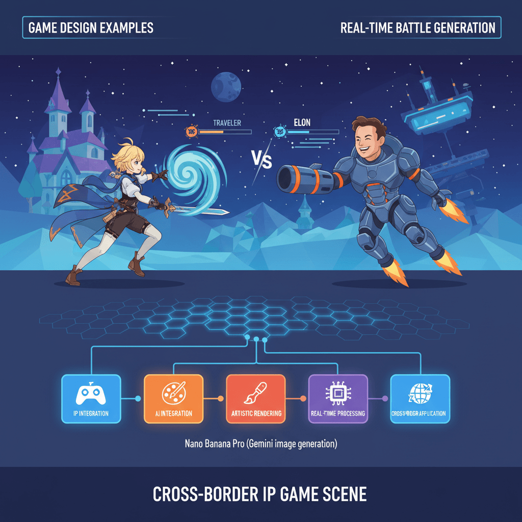 Artistic illustration of a Cross-IP game scene, showcasing game design with Nano Banana Pro AI for immersive gameplay.