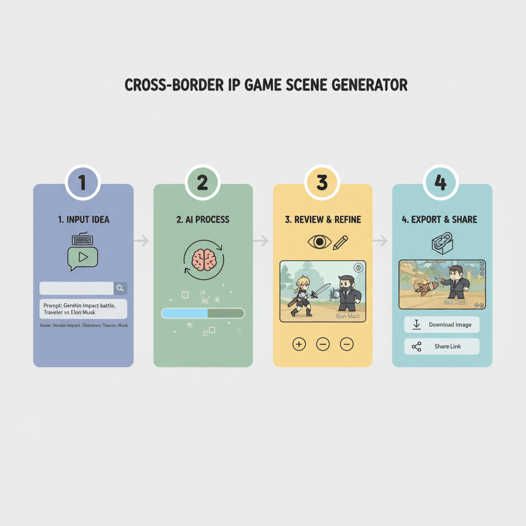 Usage steps for creating a Cross-IP Game Scene using the AI tool Nano Banana Pro, showcasing ease of design and process guidance.