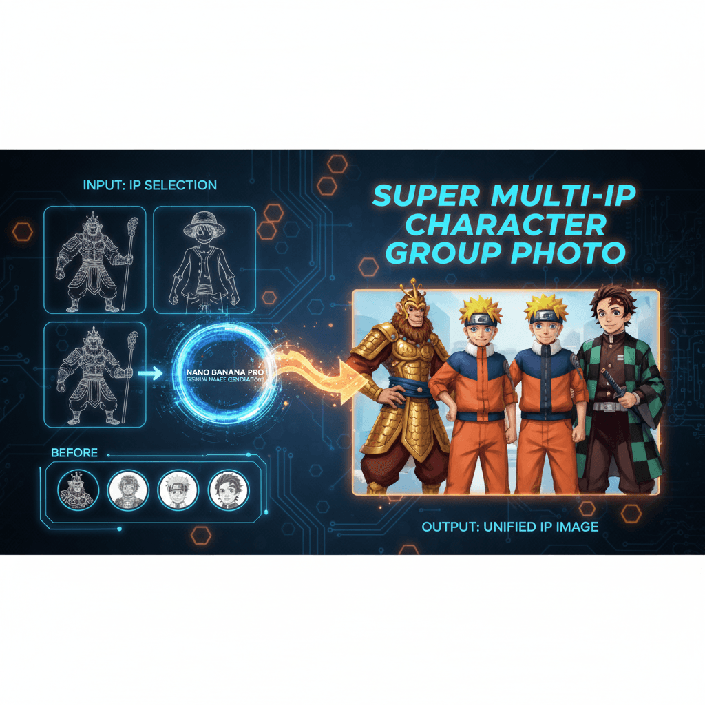 Stunning multi-IP character group photo created with Nano Banana Pro, showcasing AI generation capabilities for character creation.