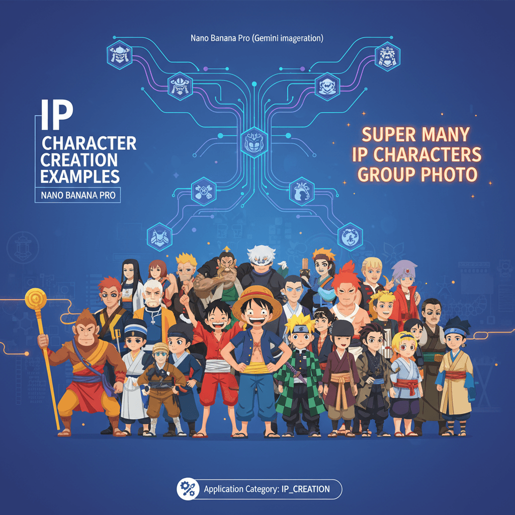 Alt text: "Artistic illustration of diverse characters created with Nano Banana Pro AI, showcasing multi-IP group photo for character design."