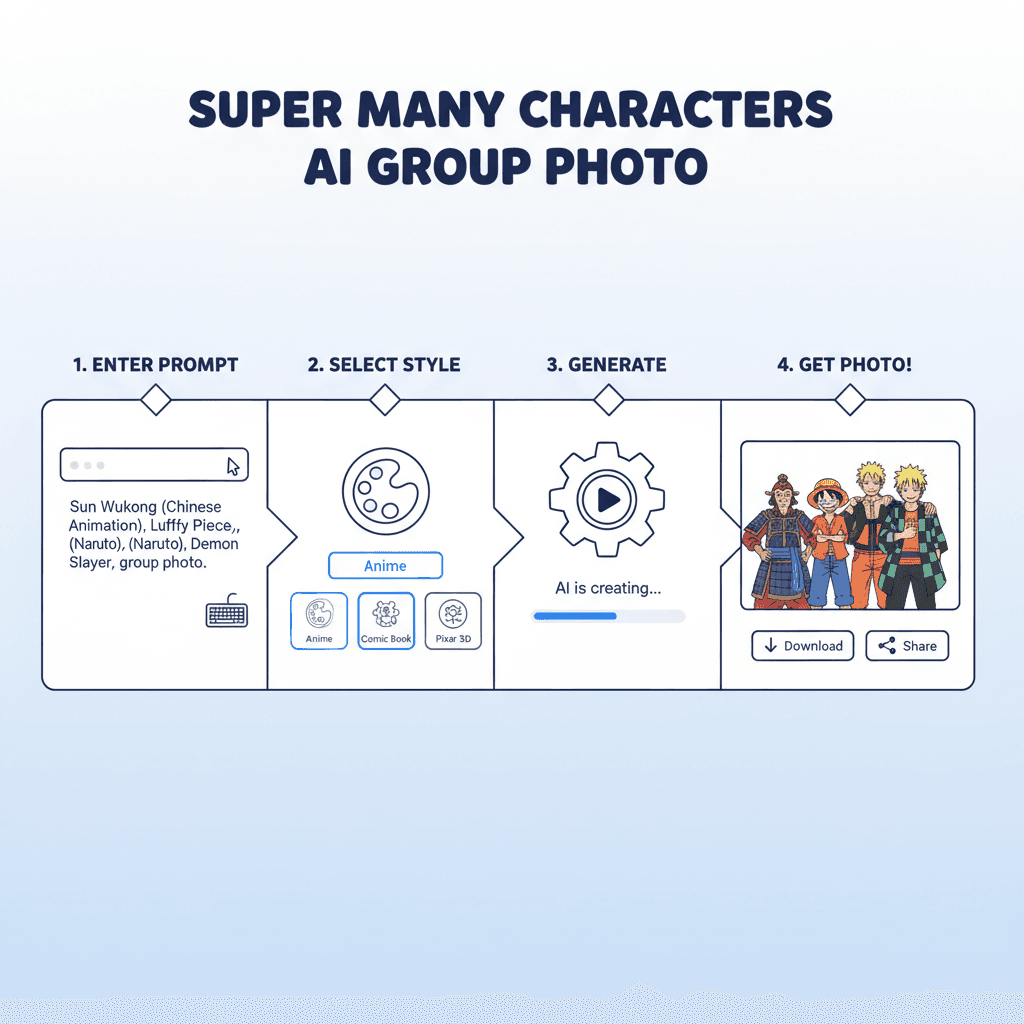 "Usage steps for creating a Multi-IP Character Group Photo using the AI tool Nano Banana Pro, showcasing ease of use and guidance."