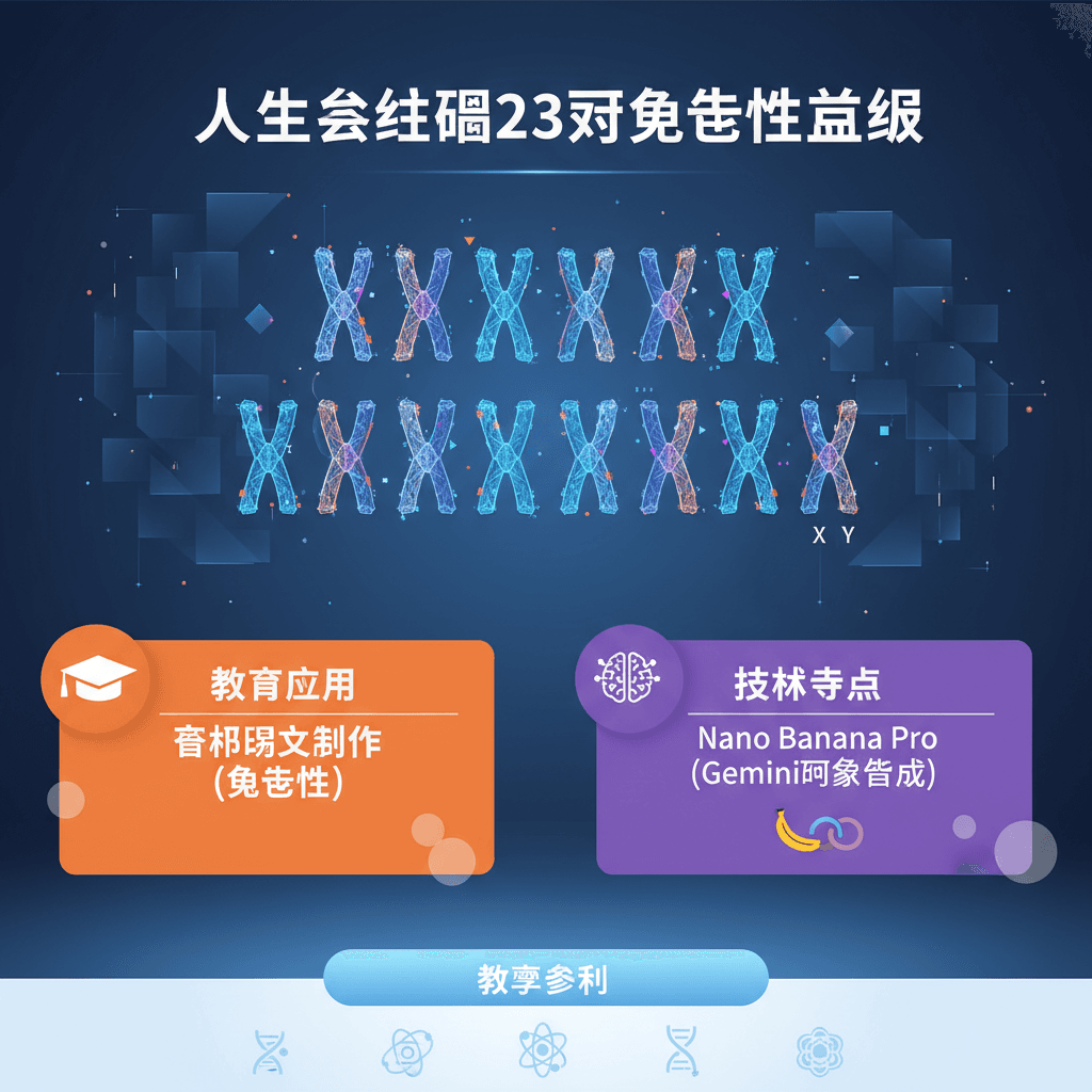 Artistic infographic of chromosomes created with Nano Banana Pro (AI). A clear educational tool for understanding genetics.