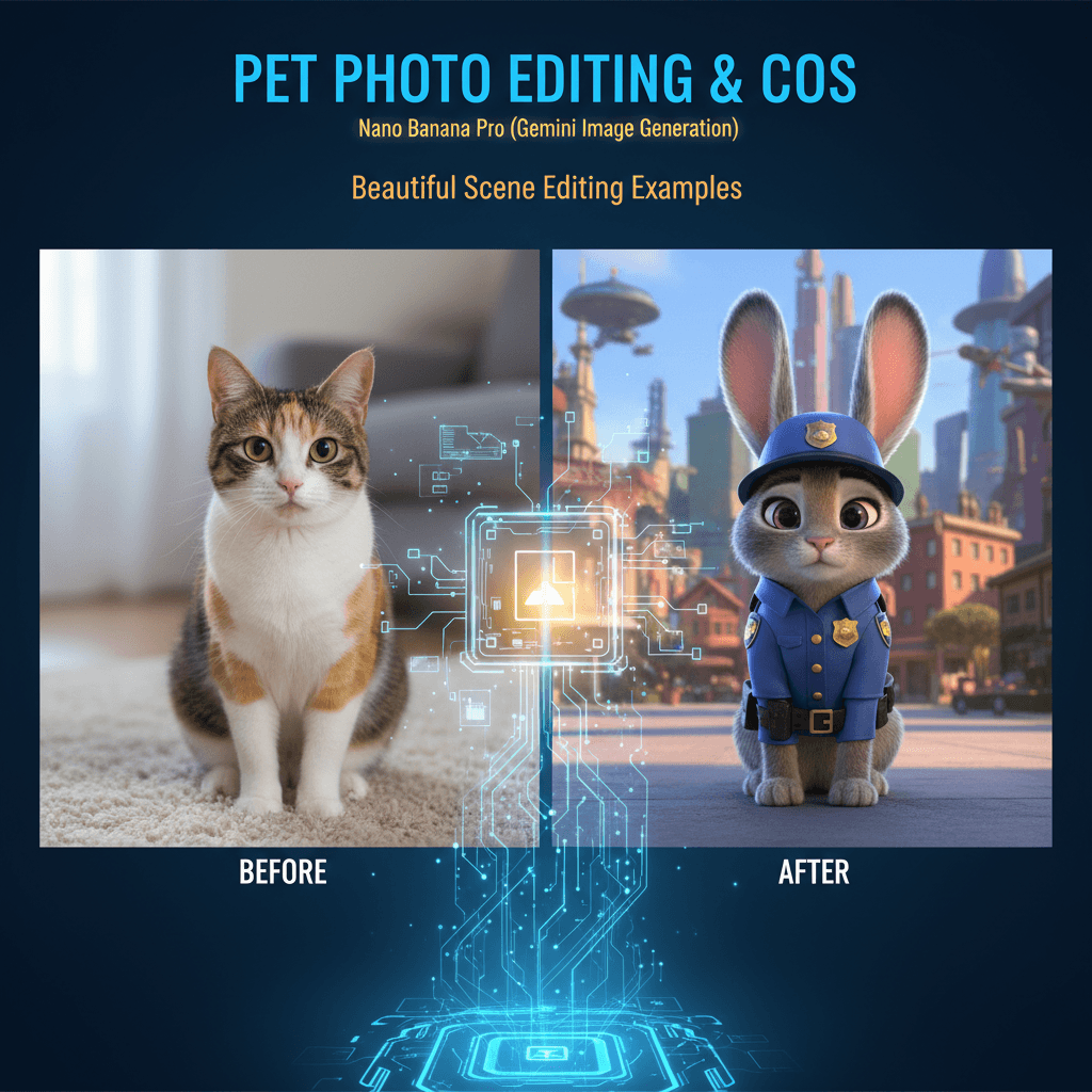 Stunning pet photo edited with Nano Banana Pro, showcasing AI generation for cosplay scene editing.