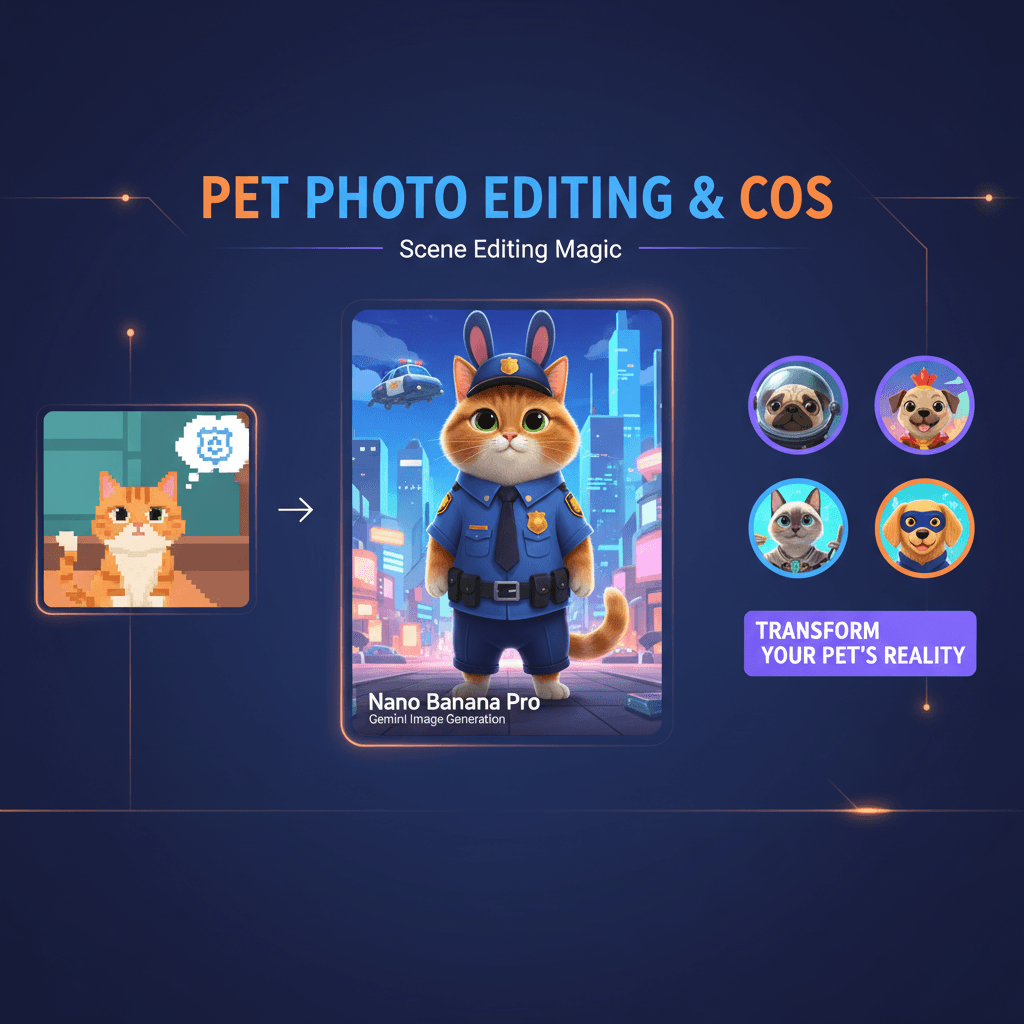 Artistic illustration showcasing pet photo editing and cosplay using Nano Banana Pro AI for stunning scene enhancements.