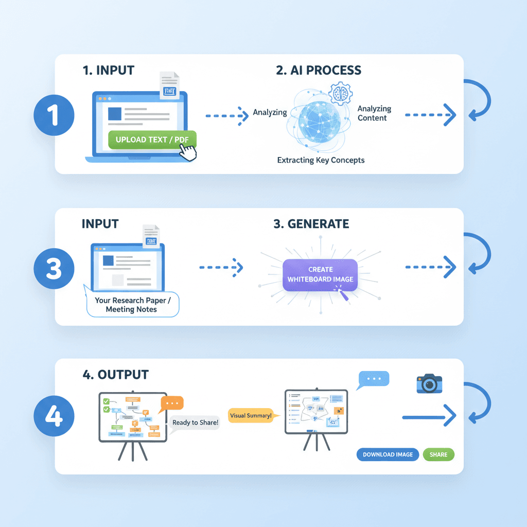 Infographic showing usage steps for the AI tool, Nano Banana Pro, transforming paper notes to a whiteboard effortlessly.
