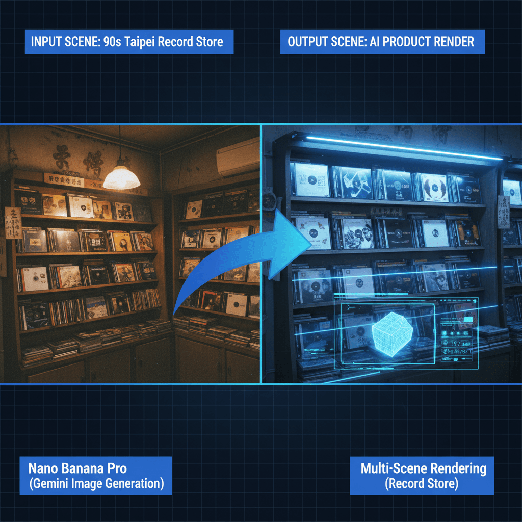 Stunning product rendering of a record store created with Nano Banana Pro, highlighting AI generation and multi-scene functionality.