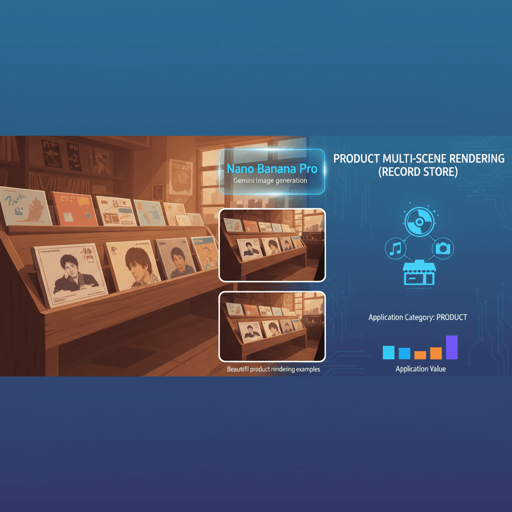 Artistic illustration of a record store showcasing product multi-scene, created with Nano Banana Pro AI for enhanced visualization.