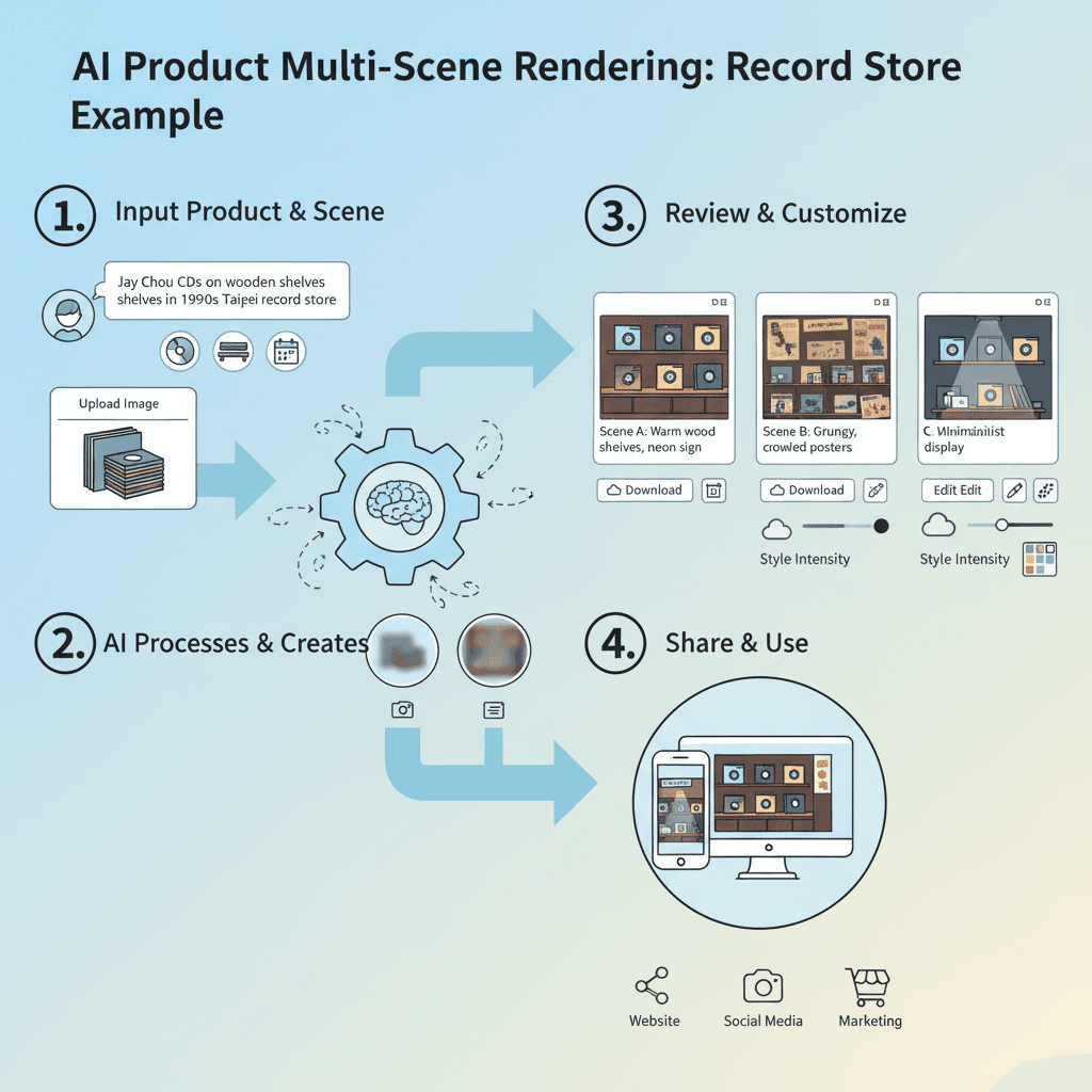 Usage steps for Product Multi-scene in a record store using the AI tool Nano Banana Pro for easy product rendering.