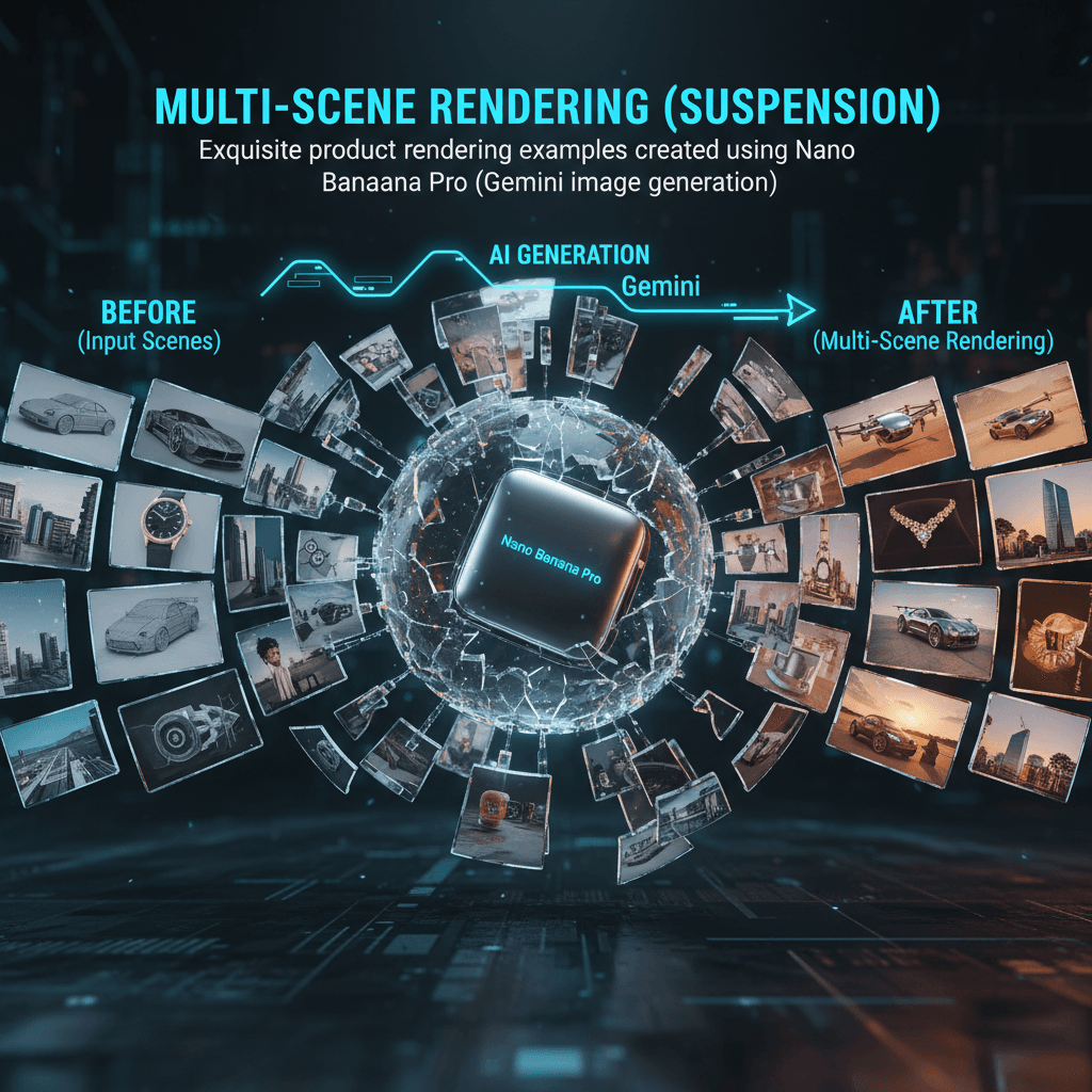 Stunning product rendering of "Product Multi-scene (Floating)" created with Nano Banana Pro, showcasing AI generation capabilities.
