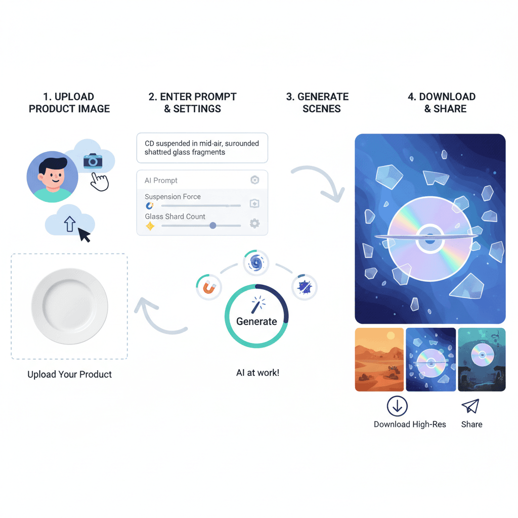 "Usage steps for Product Multi-scene (Floating) with Nano Banana Pro AI tool, showcasing easy process guidance for stunning renders."