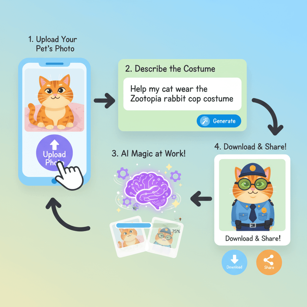 Usage steps for pet photo editing and cosplay with Nano Banana Pro, an AI tool that simplifies stunning scene creation.