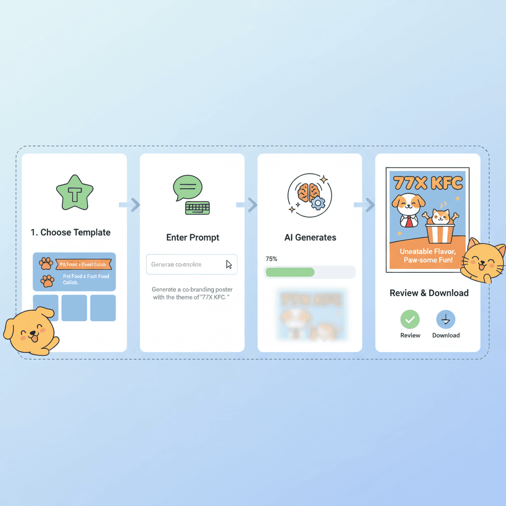 Usage steps for creating a Pet Brand Collaboration Poster using an AI tool, showcasing ease of design with Nano Banana Pro.