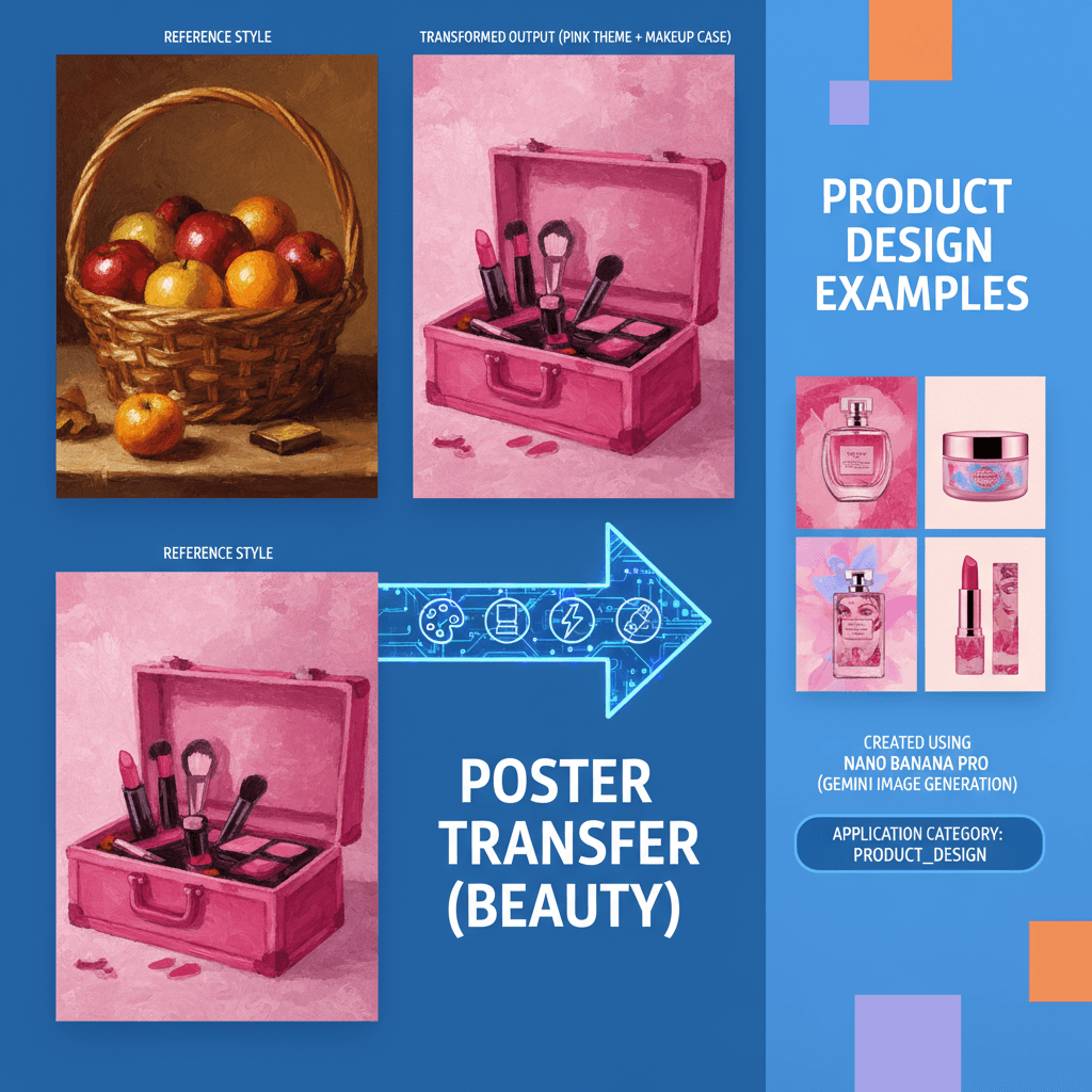 Artistic illustration showcasing Poster Style Transfer (Beauty) using Nano Banana Pro AI for stunning product design.